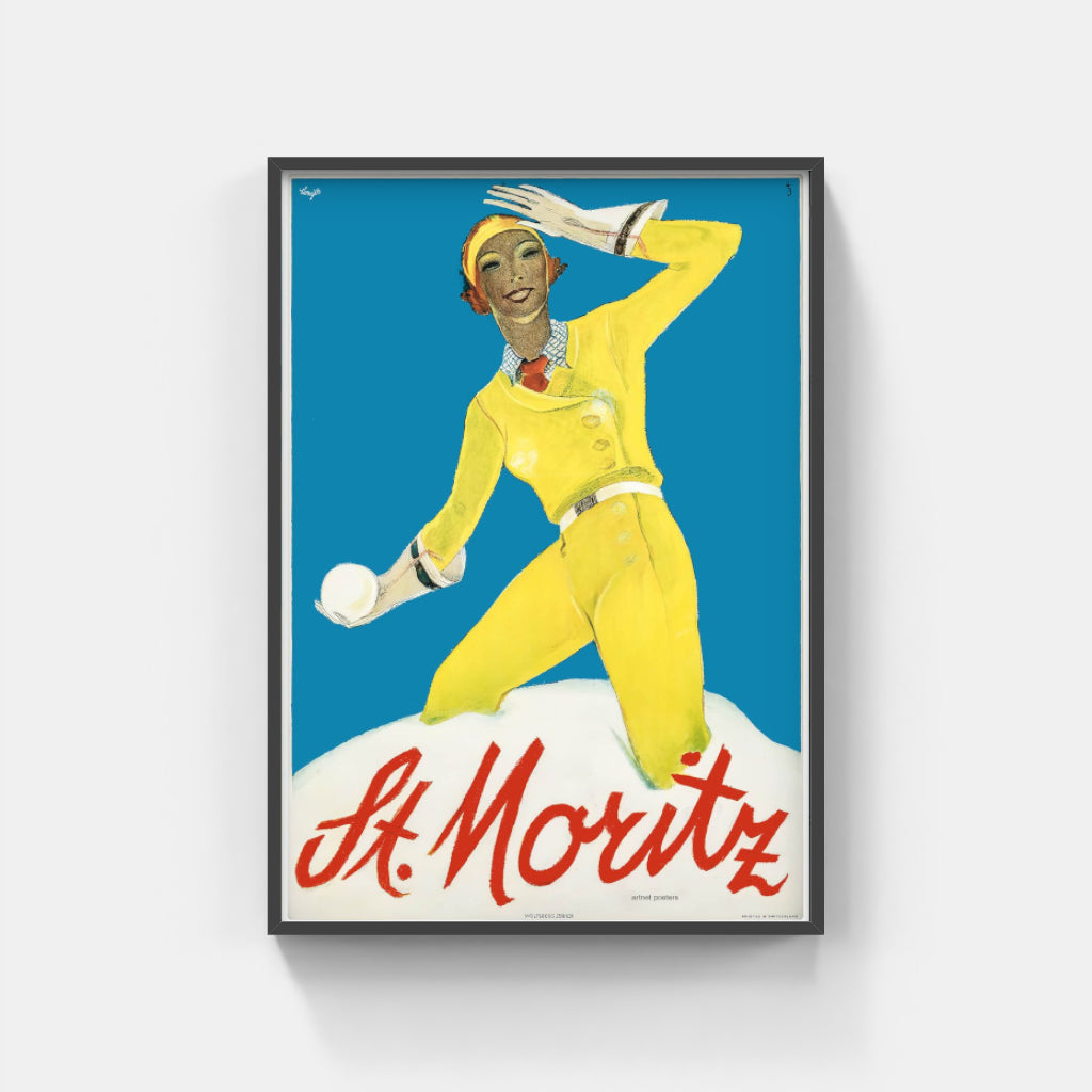 Snowballing at St Moritz retro poster