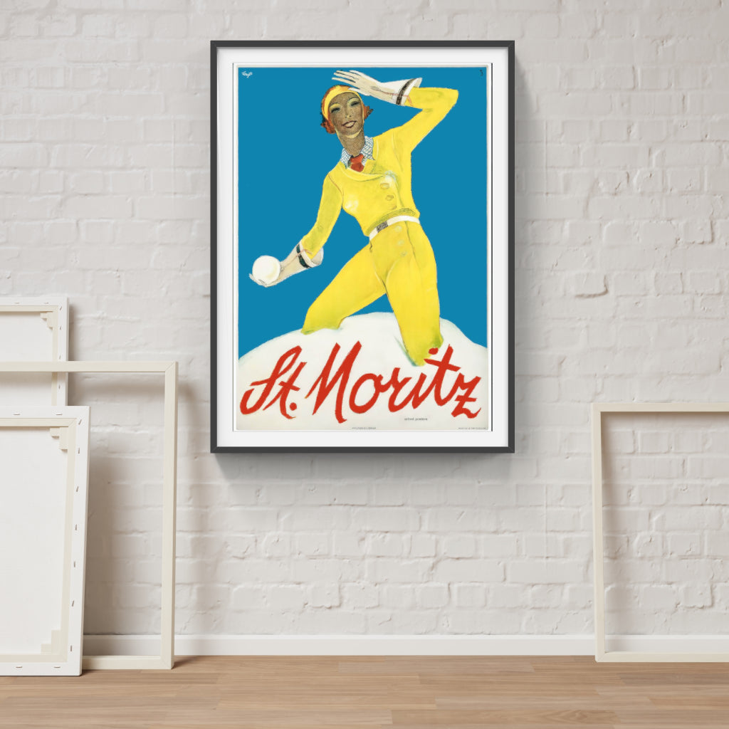 Snowballing at St Moritz retro poster