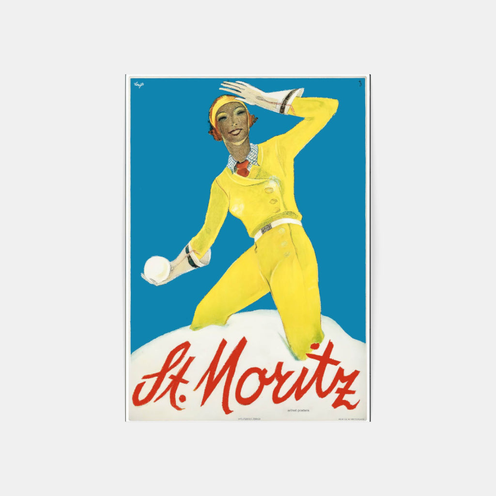 Snowballing at St Moritz retro poster
