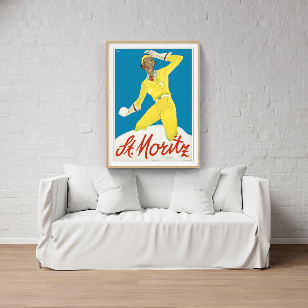 Snowballing at St Moritz retro poster