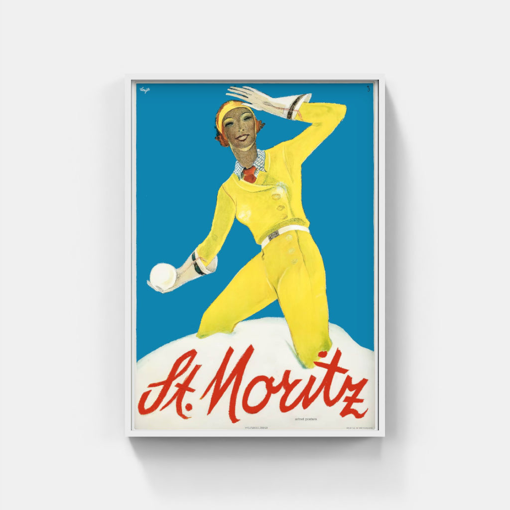 Snowballing at St Moritz retro poster