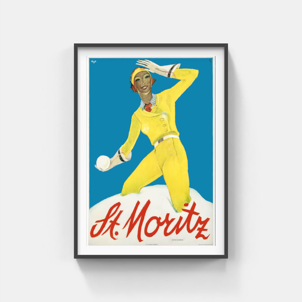 Snowballing at St Moritz retro poster