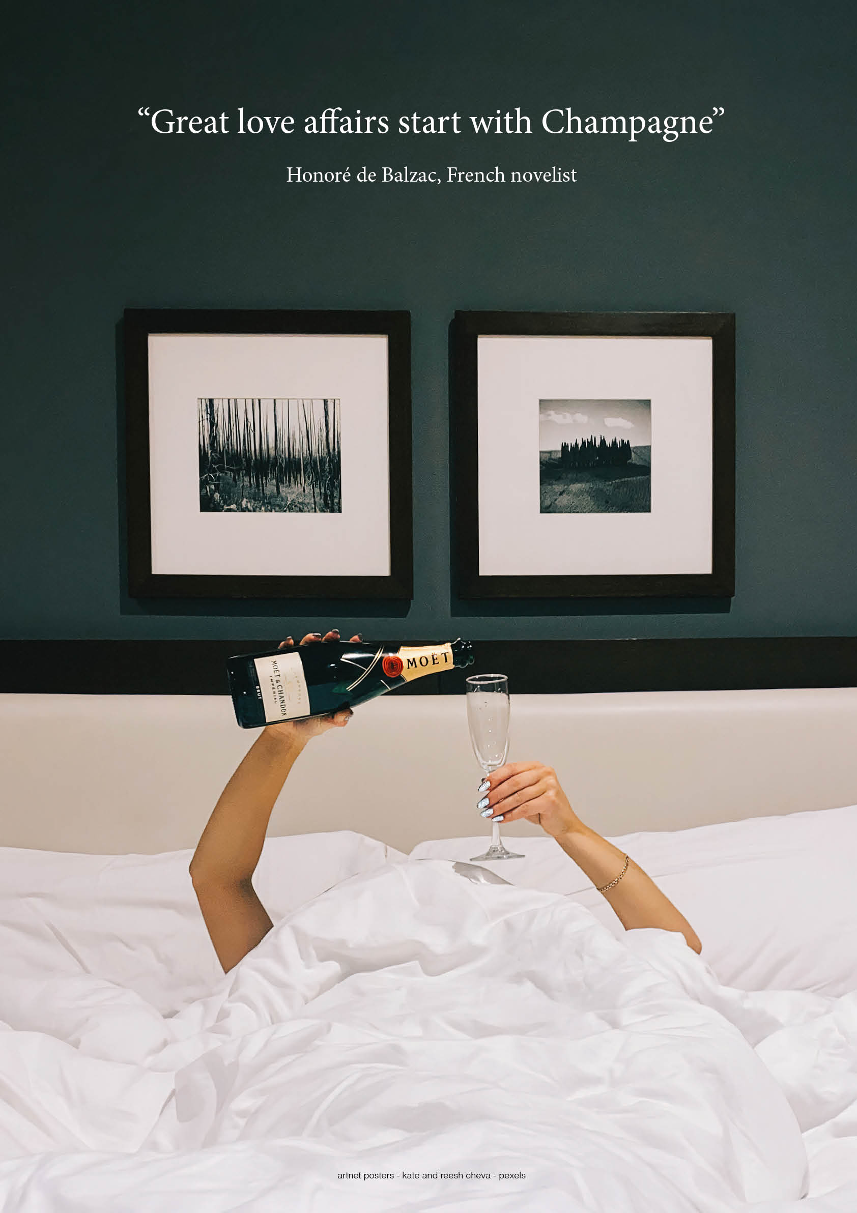 Great love affairs start with Champagne in Bed - Balzac poster