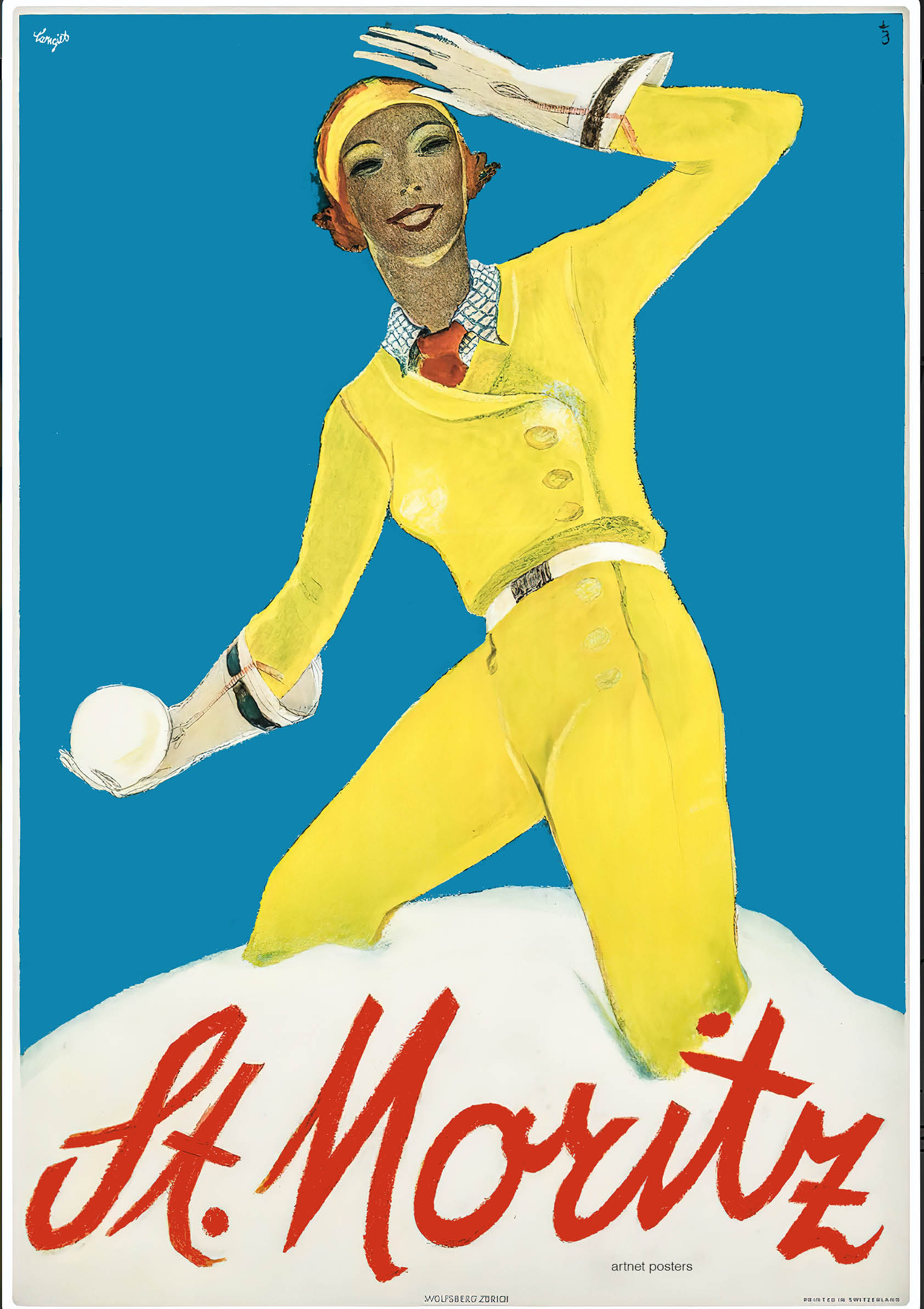 Snowballing at St Moritz retro poster